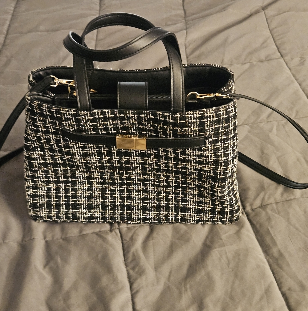 A New Day Textured Black & White Tweed Satchel Handbag